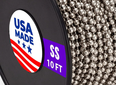 10 Foot Stainless Steel Ball Chain Bead Size 10 Made In USA on spool, ideal for pull chains on ceiling fans and light switches