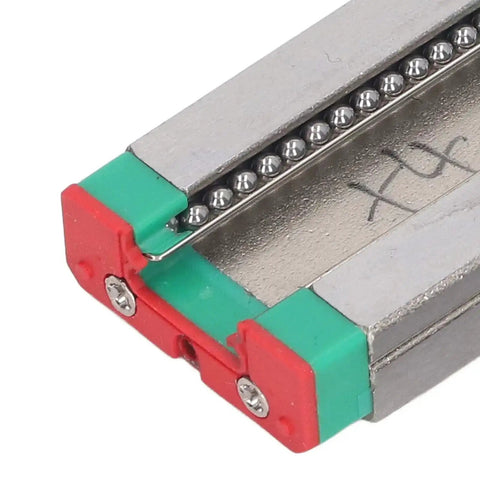 Close-up of high precision linear rail slider for 3D printers with ultra smooth motion and rock solid ball bearings, ideal for upgrades