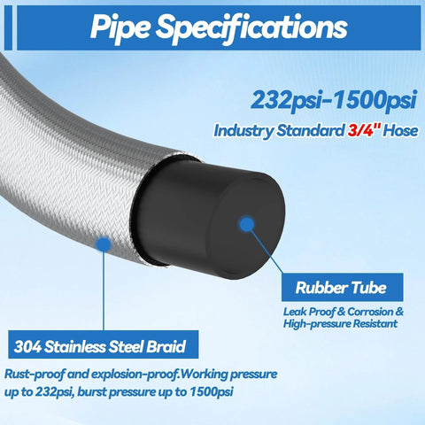 Garden hose with EPDM rubber core and 304 stainless steel braid, 5ft x 5/8 in ID, heavy-duty no-kink