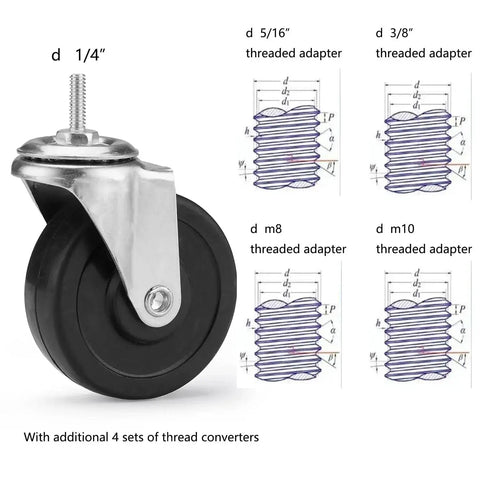 Three Inch Wire Shelf Casters Set Of Four With Threaded Stems M8 And M10 For Wire Shelving Heavy Duty Steel Housing