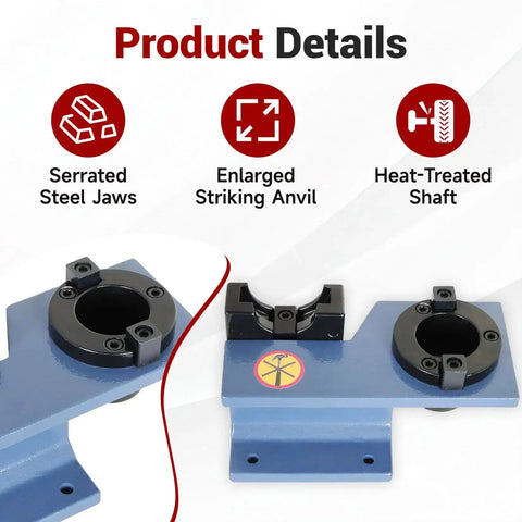 CNC CAT40 Tool Holder Tightening Fixture for Worktable with serrated steel jaws, striking anvil, and heat-treated shaft details.