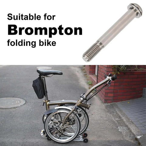 Image of titanium alloy seatpost bolt for Brompton folding bike, shown with a folded bicycle on a pavement background, labeled as suitable for Brompton.