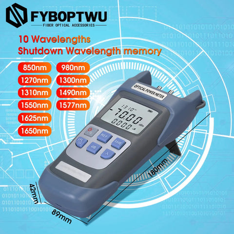FYBOPTWU 3-in-1 fiber optic tester with OPM and VFL, handheld blue-gray device with 10 wavelengths