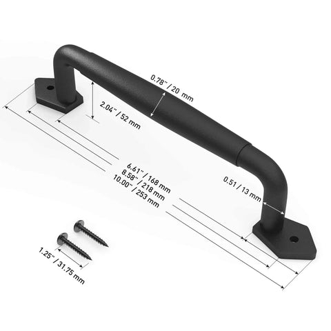 10 Inch Round Rustic Barn Door Handle In Black Steel Versatile Pull For Sliding Doors Gates Garages Sheds Fences Closets And Pantries Indoor And Outdoor Use With Easy Install Durable Black Powder Coated Finish For Weather Resistance And Smooth Operation shown with measurements and screws