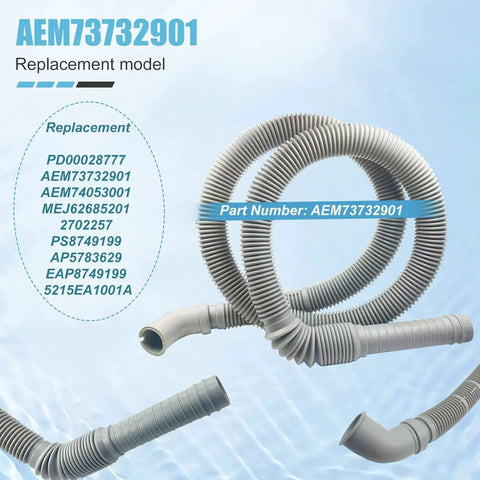 Washer drain hose, gray corrugated plastic, replacement part AEM73732901 for LG/Kenmore washers.