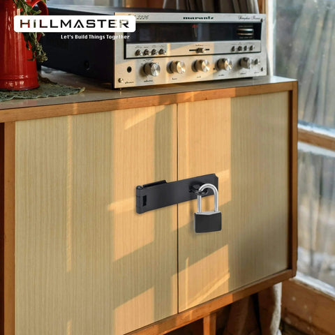 Cabinet secured with Heavy Duty Steel Hasp Latch 7 Three Quarters Inch Extra Thick Locking Hasp, black powder coat finish