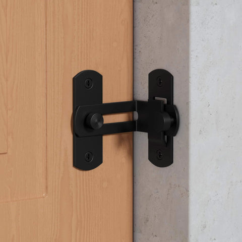 Sliding Barn Door Lock With 90 Degree Flip And 360 Degree Rotation, Privacy Latch installed on wooden door, black finish