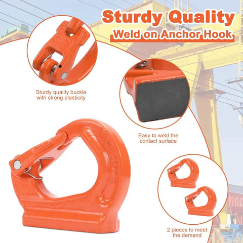 2 Ton G80 Weld On Anchor Hook with 4400 lbs working load limit, orange powder-coated, showing details and installation views.