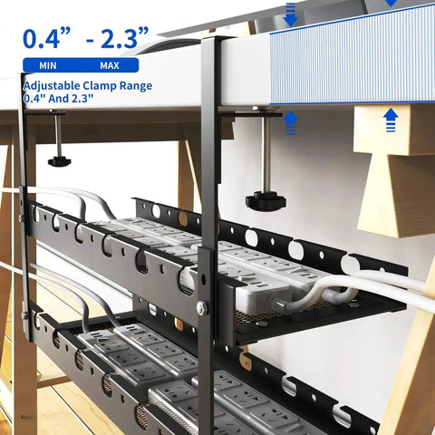 Extendable Under Desk Cable Management Tray With Clamp For Multiple Models Metal Cord Organizer installed under desk