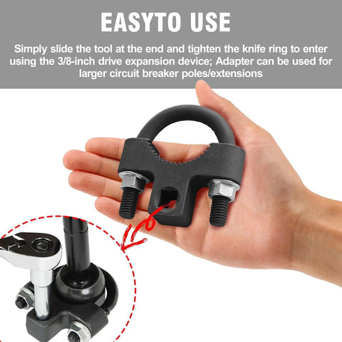 Inner Tie Rod Removal Tool With Non Slip Teeth Low Profile U Wrench Carbon Steel held in hand with close-up insert view