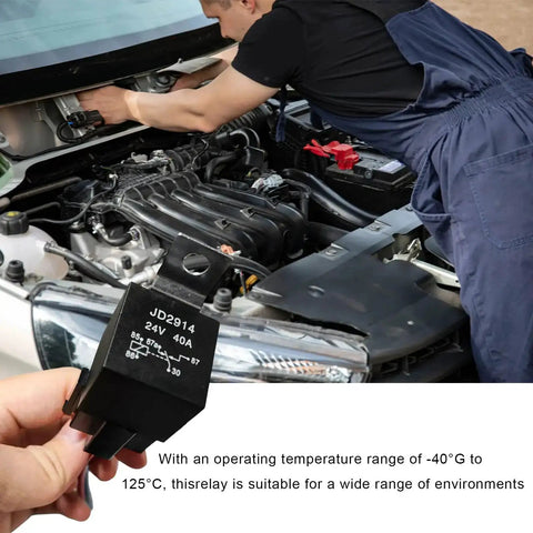 Mechanic installing 4 Pack JD2914 Car Relay Harness 24V 40 Amp 5 Pin SPDT with car engine, hand holding relay close-up.