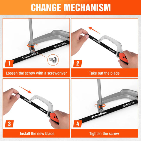 Step-by-step guide showing change mechanism for Ultra Compact Mini Hacksaw With Bi Metal 10 Inch Blade Aluminum Frame Dope Lightweight Metal Cutter
