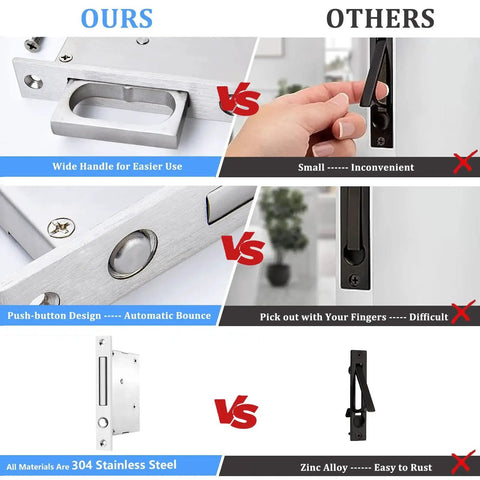 Comparison of 304 Stainless Steel Pocket Door Handles And Edge Pull Kit with other non-locking hardware options in snow white finish.