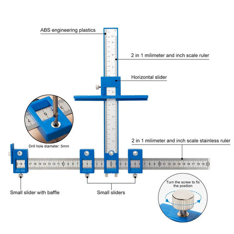 Fast Setup Cabinet Hardware Jig With Punch Locator Drill Guide And Dowelling Template showing rulers and sliders in blue