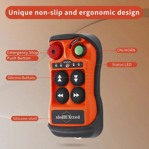 4 Channel Wireless Crane Remote Control Kit 12V 24V With EU Emergency Stop, front view, silicone buttons, emergency stop.