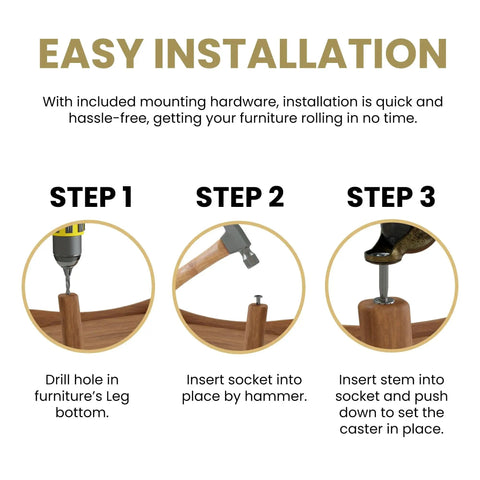 Easy installation steps for Set Of 4 Antique Brass Swivel Stem Ball Caster Wheels With Socket For Furniture
