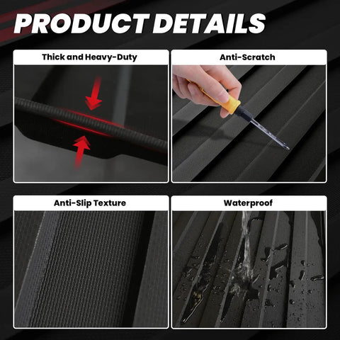 Ford F150 5.5 Foot Bed Mat For 2024 2025 2026 F150 And F150 Lightning All Weather TPE Truck Bed Liner textured details showing anti-slip, waterproof, scratch-resistant features.