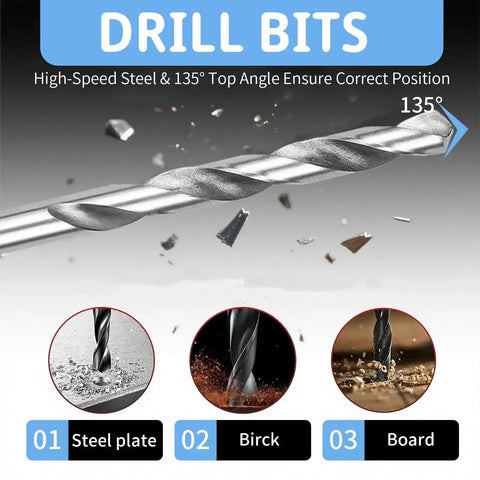 Close-up of high-speed steel drill bit with 135° angle for steel plate, brick, and board cutting, labeled for precision drilling.