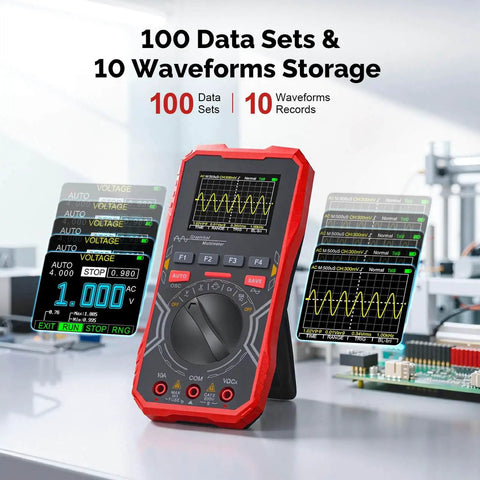2 In 1 Handheld Oscilloscope And Multimeter Combo For Electronics DIY displayed with 100 data sets and 10 waveforms storage feature.