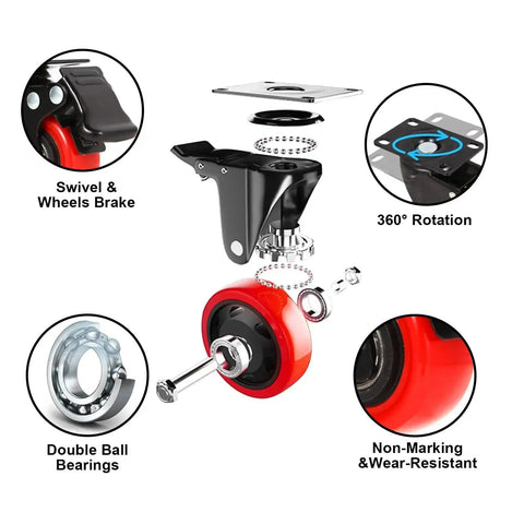 Exploded view of 2-Inch Heavy Duty Polyurethane Caster Wheels Set Of 4 With Brakes, showing 360° swivel and double ball bearings.