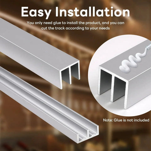 Metal Sliding Door Track Set For One Quarter Inch Thick Panels Ideal For Glass Cabinet Doors And Windows, 36 Inch Long By 0.79 Inch Wide, Silver Finish, Rustproof Aluminum Construction, Smooth Quiet Operation And Easy Installation, shown with glue application.