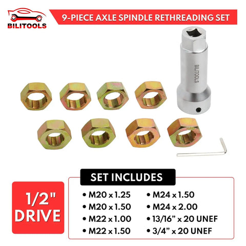 Axle Spindle Thread Repair Kit With 10-Piece Wheel Stud Thread Chaser Set For Metric M20 M22 M24 And UNF by BILITOOLS