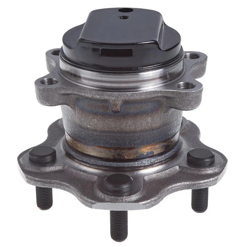 Rear Wheel Bearing And Hub Assembly For Nissan Rogue And Rogue Sport 5 Lug Direct Replacement Fits 2008 To 2020 Rogue And 2017 To 2022 Rogue Sport Qashqai For A Smooth Quiet Ride And Solid Handling, front view.