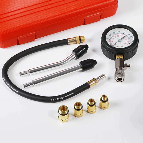 8 Piece Engine Compression Tester Kit 0 To 300 PSI For Cars Motorcycles Trucks with gauge and accessories
