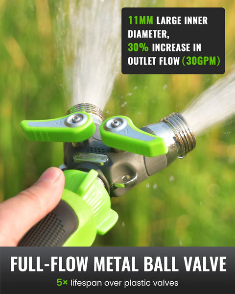Rainpoint garden hose splitter, green metal 2-way Y valve with shutoffs, 3/4 inch GHT thread.