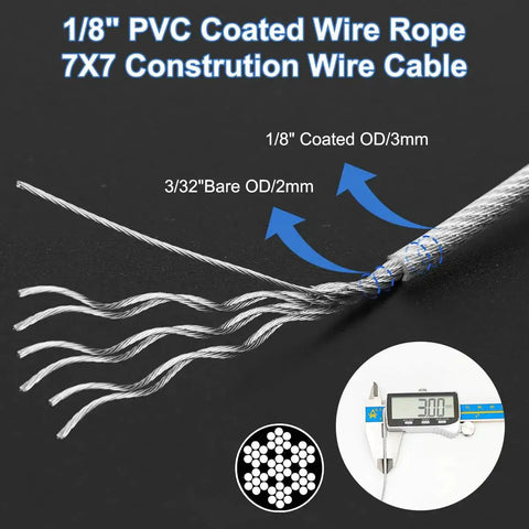 Diagram showing 1/8 inch PVC coated wire rope, construction details, and measurement for Heavy Duty Pro Grade DIY Friendly Wire Rope Kit.