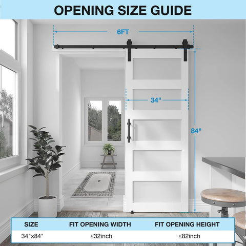 Five Panel Sliding Glass Barn Door Kit With Frosted Glass Waterproof Finish Includes 6 Ft Hardware Easy Pre Drilled Assembly Fits Up To 32 In By 82 In Opening White installed in a modern interior space