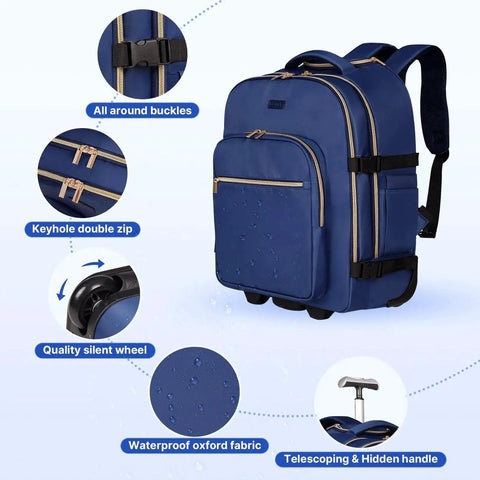On The Go Rolling Backpack For Women With 17 Inch Laptop Compartment And Smooth Wheels Perfect Carry On Luggage For Air Travel And Overnight Business Trips Dark Blue By Devpnr Pro Traveler