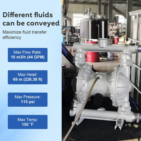 Air-operated double diaphragm pump with grey metal body and 1/2 inch outlet in industrial setting