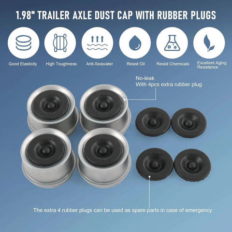 4 Pack 1.98 Inch Trailer Axle Dust Cap Hub Grease Cover Kit With Extra Rubber Plugs For Most 2000 To 3500 Pound Axles Dexter EZ Lube