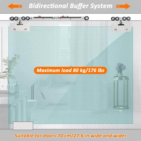 Frameless Glass Sliding Door Track Hardware Kit With Silent Rollers For Barn Doors Pocket Doors Wood Doors Closet Doors Ceiling Mounted Heavy Duty Black Finish Fits Four Point Six To Thirteen Point One Feet Long And Delivers Smooth Quiet Glide installed in room.