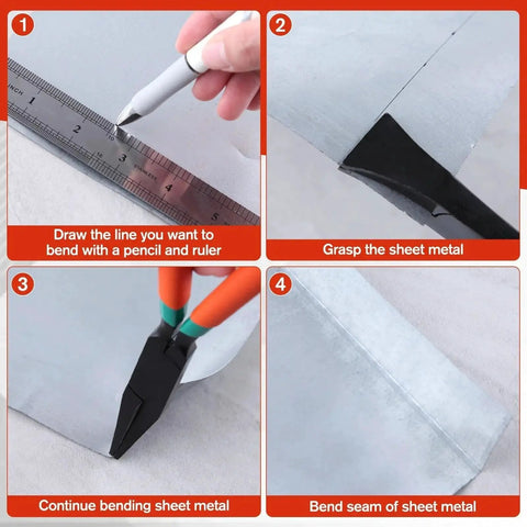 Step-by-step use of Three Piece 7 Inch Metal Hand Seamer Set With Straight Jaw, 45 Degree Jaw, and 90 Degree Jaw for bending metal.