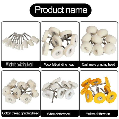 1 Inch Polishing Buffing Wheel Set For Rotary Tools With Wool Felt And Cotton Mounted 3mm Shank, various wheel types shown