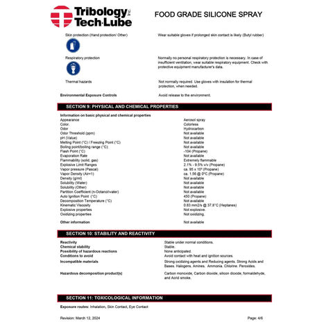 Data sheet for Tribology Tech-Lube Food Grade Silicone Spray outlining properties, safety, and application instructions.