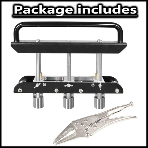 Package includes Three Station Edge Roller Bender for Sheet Metal Beading and pliers, showing three stations and handle