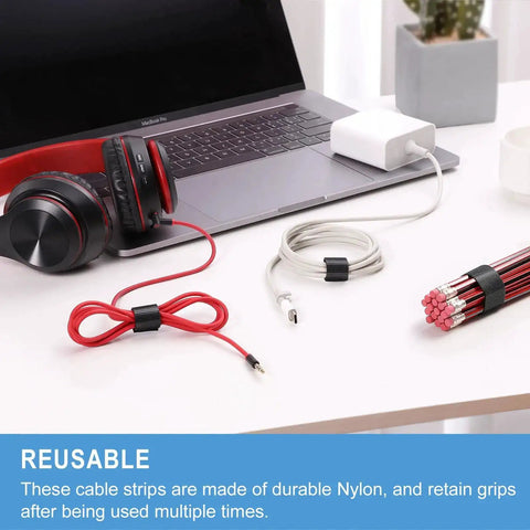 Huge 100 Pack 8 Inch Reusable Cable Ties With Hook And Loop Straps For Easy Cable Management And Cord Organization Adjustable Durable Nylon Five Colors Included For Home Office And Travel shown securing cables on a desk.