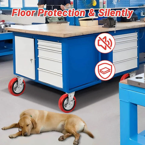 Blue workbench with 8 Inch Heavy Duty Industrial Caster Wheels Set Of 4 With Dual Ball Bearings Solid Polyurethane Wheels 6000 LB Capacity Plate Swivel Casters For Cart Machine Industrial Applications; dog lying nearby.