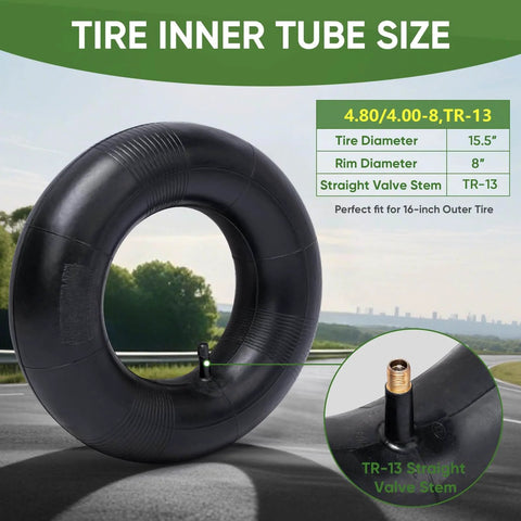 2 Pack 4.80 4.00 8 Inner Tubes With TR 13 Straight Valve For Wheelbarrows Lawn Mowers Hand Trucks Garden Carts Replacement Tubes For 8 Inch Rims 15.5 Inch OD Ready To Roll Heavy Duty Natural Rubber, showing tire inner tube with valve detail