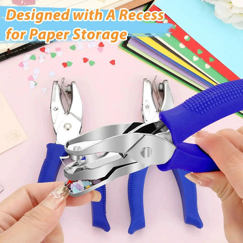 Hands using Two Pack Handheld Paper Punch Kit With One Quarter Inch Heart And Round Punches For Scrapbooking, blue grips visible