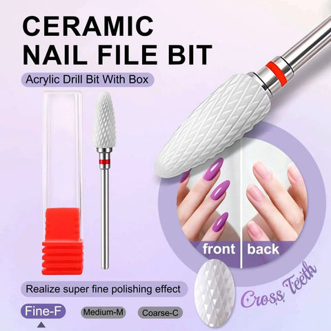 Ceramic Nail Drill Bit 3/32 Inch Fine Cone For Quick Safe Acrylic And Gel Removal White Ceramic File Bit shown with packaging