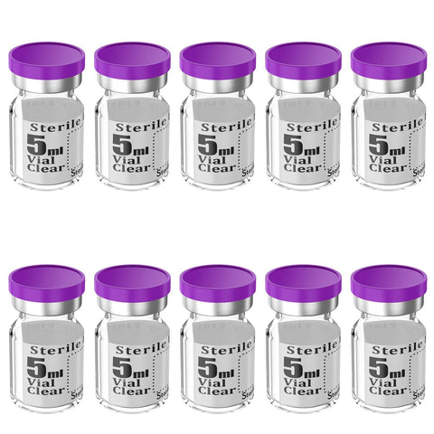 Biocomma 10-pack 5ml sterile clear borosilicate vials with purple caps, arranged in two rows.