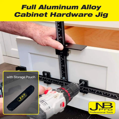 Cabinet Hardware Jig With Center Drill Guide For Drawer Handles And Pulls in use on white cabinet with drill and case shown