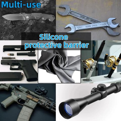 Collage of multi-use Silicone Gun Cleaning Cloths 12x12 Microfiber Reusable Wipes For Firearms, knives, wrenches, and rods.