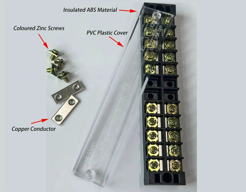 Beefed Up Heavy Duty 600V 25A Dual Row Screw Terminal Block Kit with cover and connectors, shown with parts labeled.