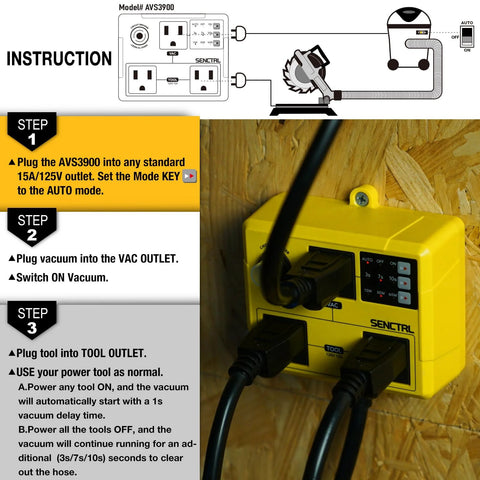 Model AVS3900 SENCTRL automatic vacuum switch, yellow wall-mounted controller with VAC outlet and two tool outlets