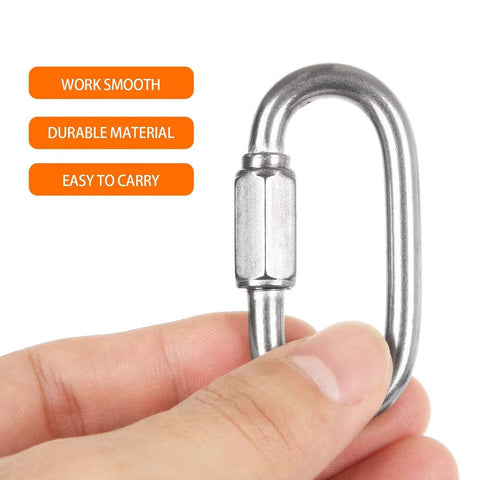 Close-up of stainless steel M6 oval quick link carabiner for camping, hiking, gym use, part of 20 Pieces Stainless Steel One Quarter Inch Chain Links With M6 Oval Quick Link Carabiners Small Threaded Quick Chain Clips Rope Connectors For Camping Hiking Swing Hammocks Outdoor And Gym 620 Pound Load.